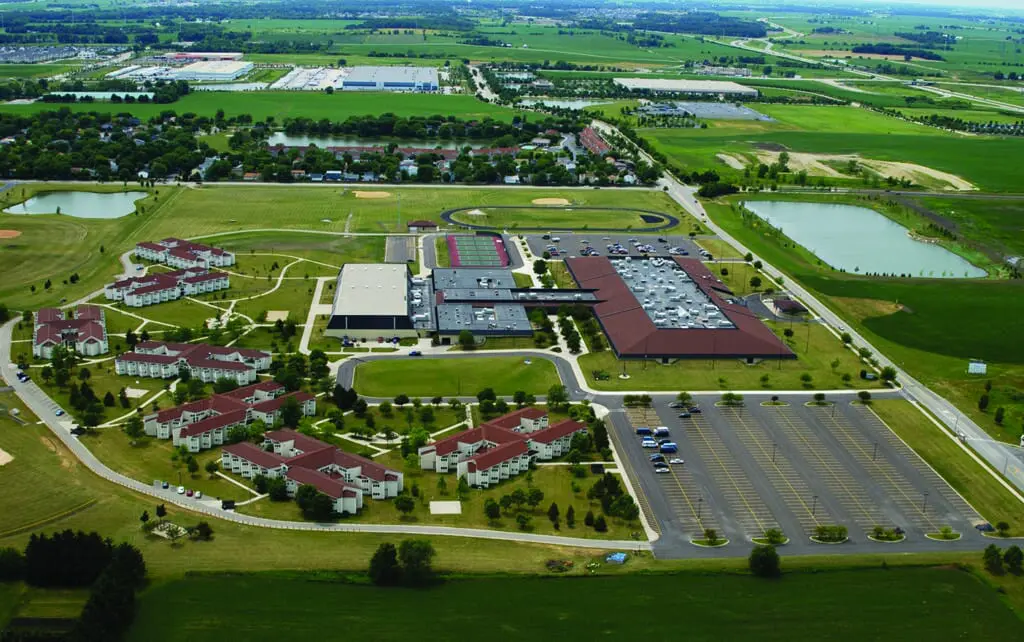 An aerial view of the Illinois Mathematics and Science Academy campus
