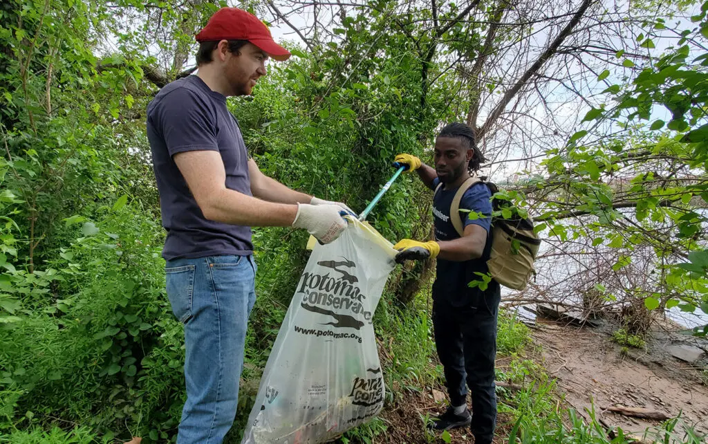 A picture of Potomac Conservancy volunteers cleaning up the riverbank.