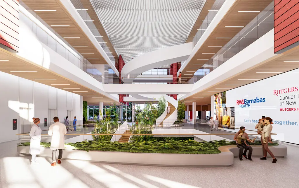 Interior view of a hospital atrium.